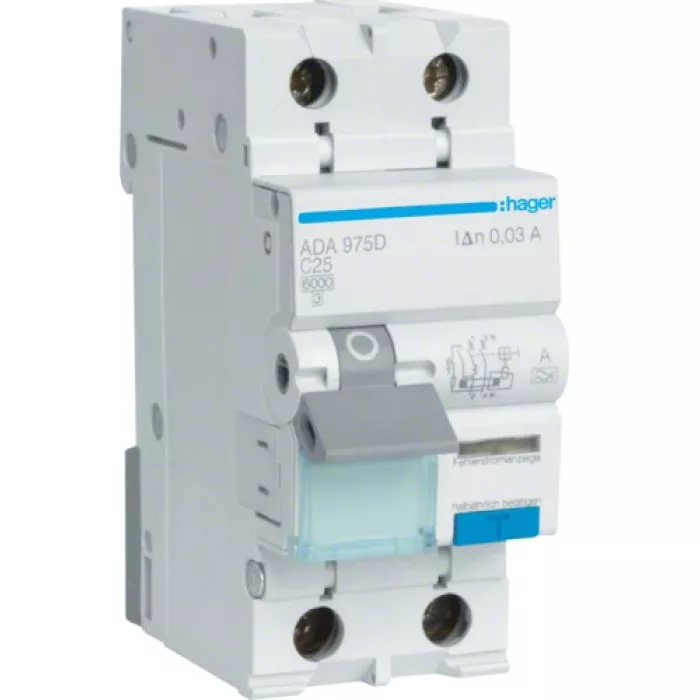 Дифференциальный автоматический выключатель HAGER ADA975D 1P+N 6kA C-25A 30mA A