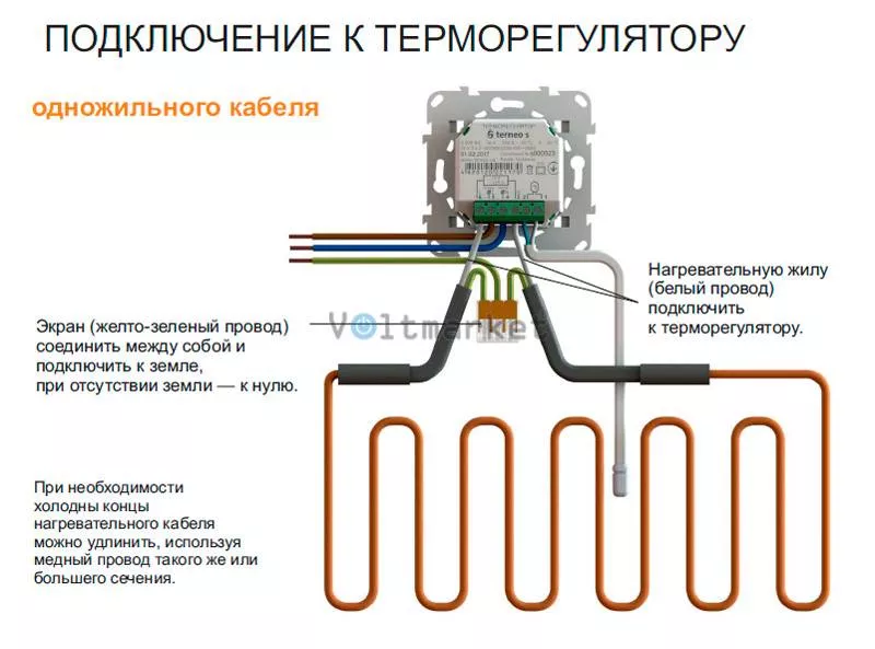 Подключение одножильного кабеля к терморегулятору